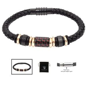 Mens Genuine Black
Leather Rose Gold
Stainless Steel Bracelet
With Carbon Fiber